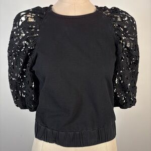 Dolan Anthropologie Black Crochet Eyelet Puff Sleeve Blouse XS